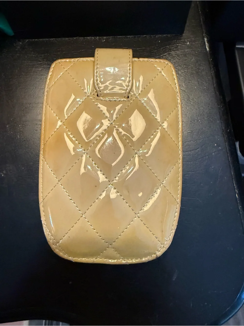CHANEL Quilted Patent Leather Phone Pouch // wallet in Light Beige